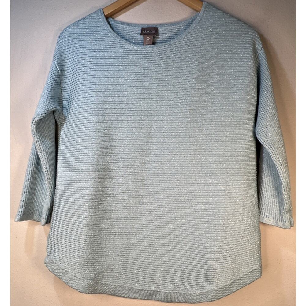 Chico's 0 Small Light Blue Sparkle Top 3/4 Sleeve Party Festival Cottagecore